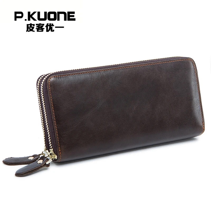 P KUONE Genuine Leather Business Men Clutch Bag Famous Luxury Brand Wallet High Quality Big Capacity