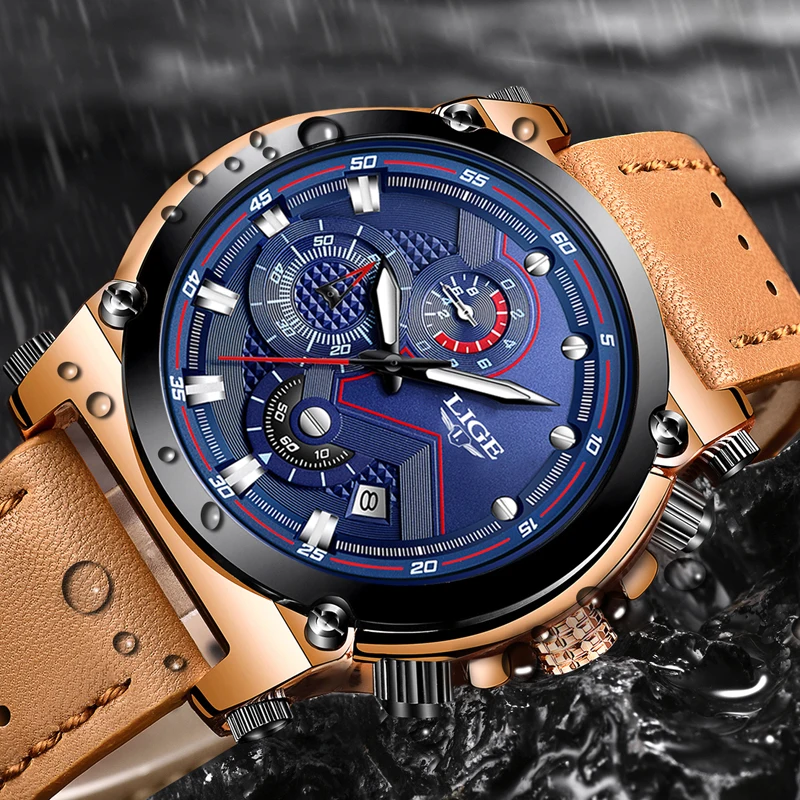 

LIGE Watch Men's Fashion Sports Quartz Big Dial Clock Leather Mens Watches Top Brand Luxury Waterproof Watch Relogio Masculino