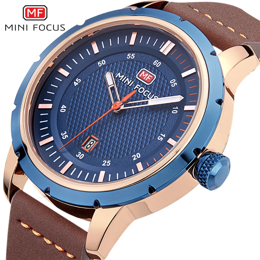 

MINI FOCUS Fashion Casual Quartz Watch Men Leather Strap Date Display Blue Dial Concise Mens Watches Top Brand Luxury Clock 2019