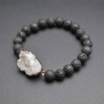 

Black Lava Stone Round Beads Druzy Charm Stretch Bracelet Elastic Line Fashion Man & Woman Jewelry