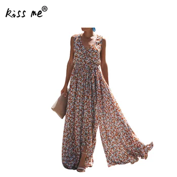 

Slim Long Beach Dress Front Slit One-Piece Dress Deep V Beach Maxi Dress Halter Floral Printed Bohemian Vintage Holiday Dress