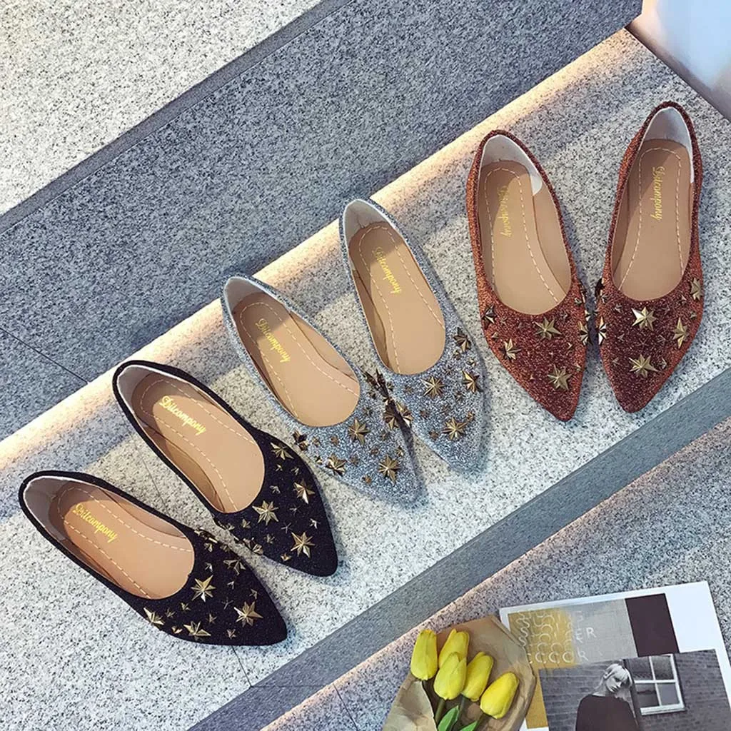 2019 Mocassins Métal Zapatos Profonde De Casual Peu argent Vintage Unique Bling marron Mode Mujer En Printemps Chaussures Étoiles Noir Dames Femmes rprwfP