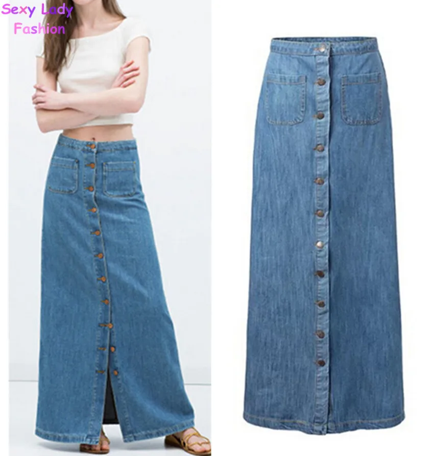 high waisted denim maxi skirt
