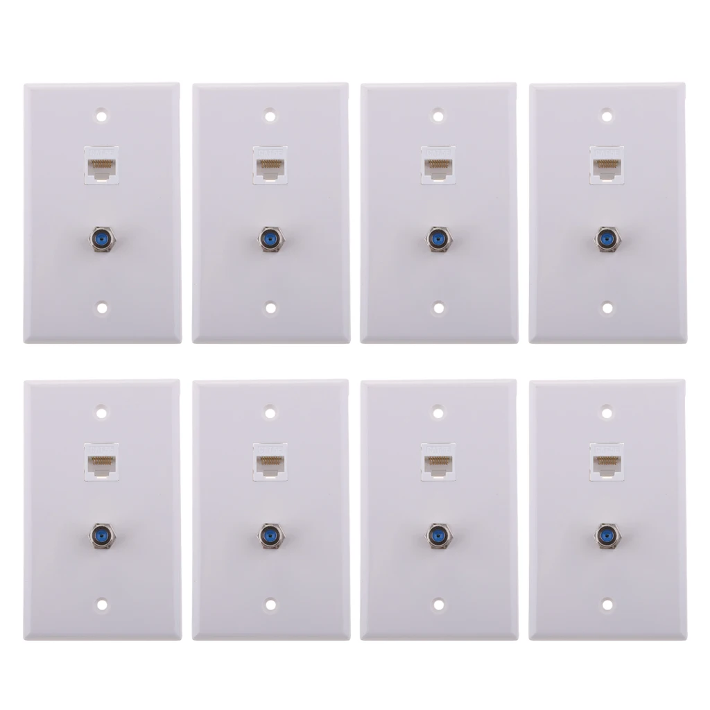 8x Coaxial F Connector Ethernet Network RJ45 Jack Wall Plate Socket Outlet