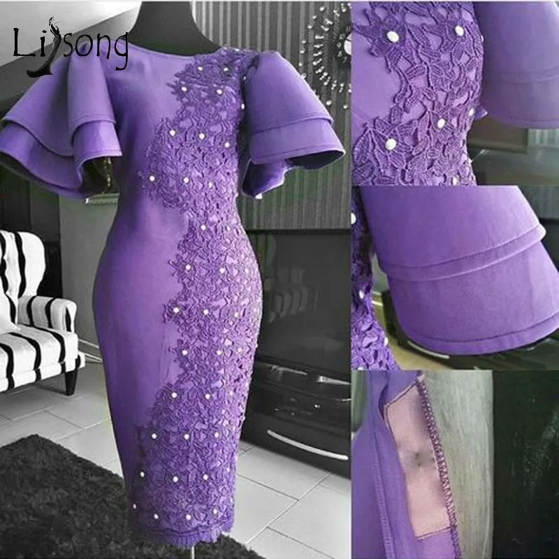 

Real Image Purple Lace Sheath Evening Dresses 2019 Elastic Puffy Short Sleeves African Prom Gowns Tea Length Formal Dresses