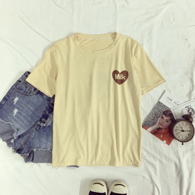Kpop Летняя мода Kawaii Milk Box печать женские футболки с коротким рукавом повседневные милые с принтом сердца Harajuku Сладкий топ Прямая поставка - Цвет: Apricot