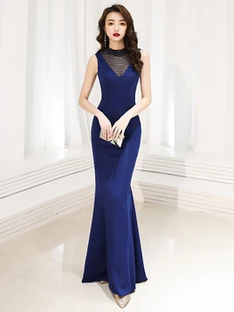 

High Neck Evening Dress vestido de festa longo Elegant Luxury Pink Long Sequin robe longue gown bride Gaun Malam