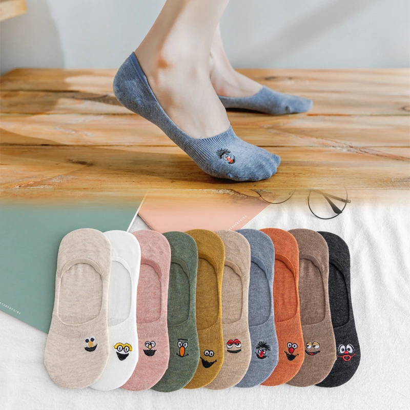 

10pcs Embroidered Expression Woman Socks Cool Invisible Sock Slippers Women Summer Boat No Show Cotton 5 Pair Candy Color