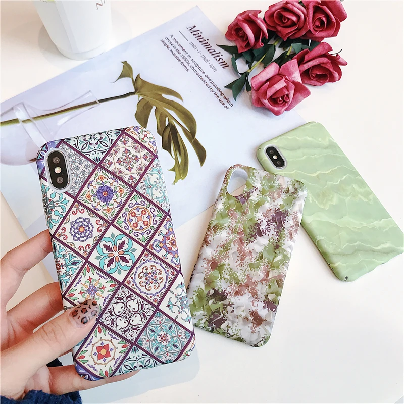 

Vintage Luminous Hard PC Phone Case For iPhone 7 8 6 6S Plus X XS Max XR Totem Marble Stone Matte Plastic Protective Cover Cases