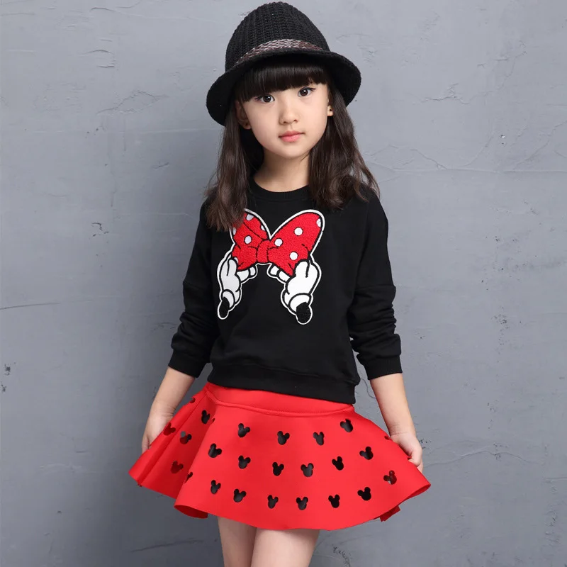 

latest spring and autumn piece fitted girls clothing sets cartoon bow embroidered sweater + skirt suit 3-8 year-old girl set