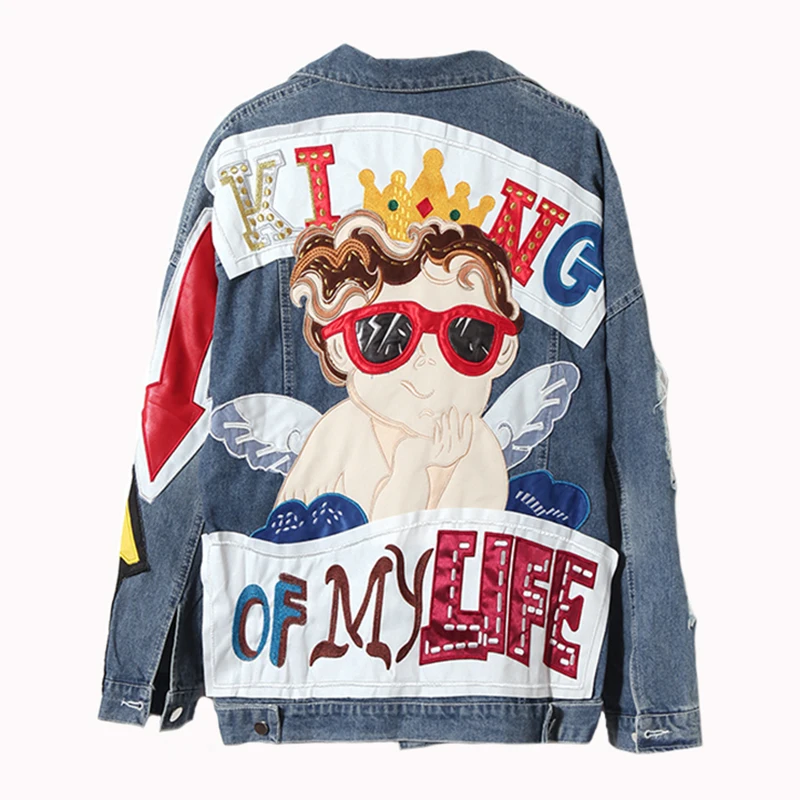 Angel Baby Embroidery Patch Denim Jackets Coats Autumn Hole Pocket Jean Jacket Female Casual Denim Jacket For Woman