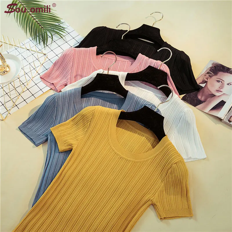 

Knitted Summer T Shirt Women Casual Short Sleeves T-Shirt Breathable Elasticity Kintwear Top O-Neck Female Tshirt Slim