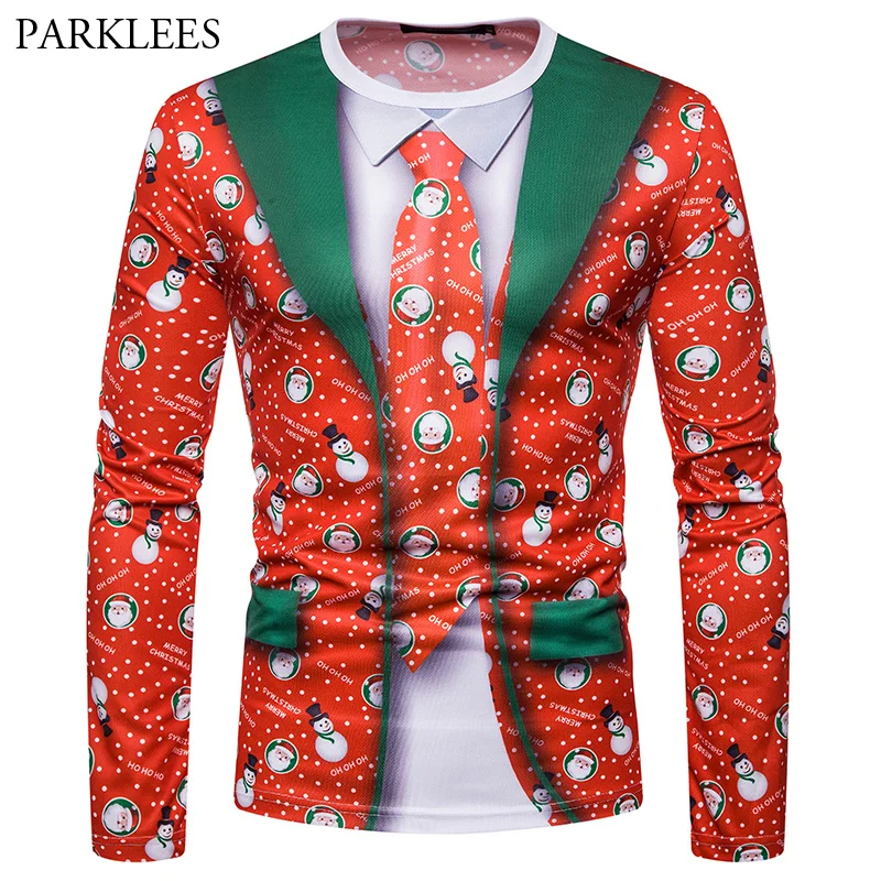 

Mens Christmas T Shirt Fake Two Piece T-shirts Men 2018 Brand Long Sleeve 3D Tee Shirt Homme Casual Slim Fit Hip hop Camisetas