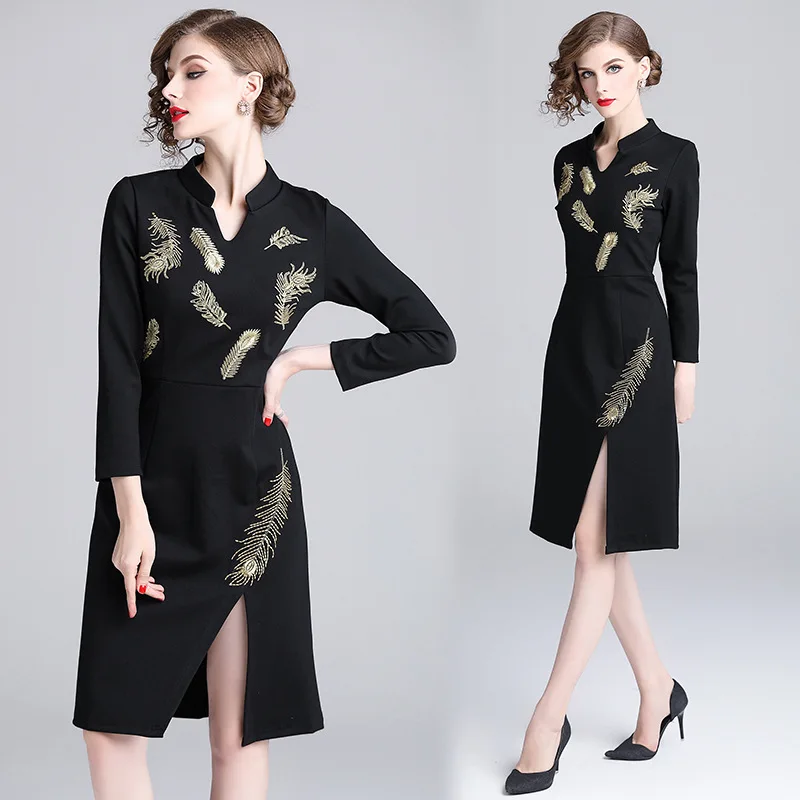 SunnyYeah Вышивка Черный Карандаш Bodycon платье Для женщин миди элегантное 2019 весна
