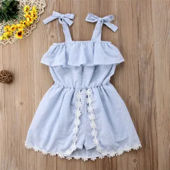 

Lace Flower Blue Striped Summer Sleeveless Rompers Girl Clothing Cotton Cute Sundress 1-6Y Children Kids Baby Girls Romper