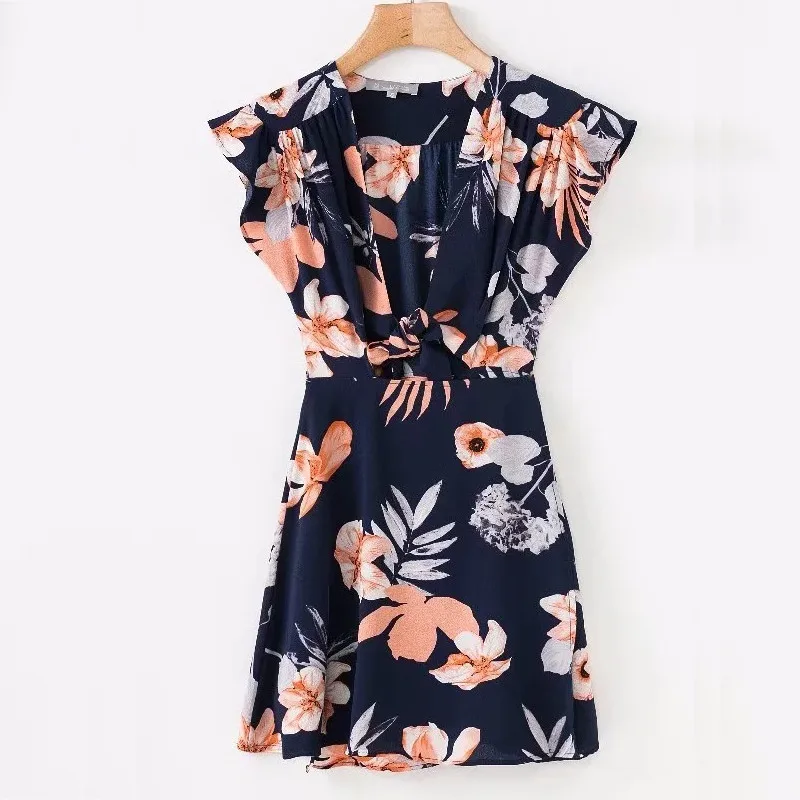 yinlinhe Floral beach Summer Dress short sleeve 2018 bowknot Lace Up Wrap Dress Women Sexy Crop Elegant boho Vestidos 2