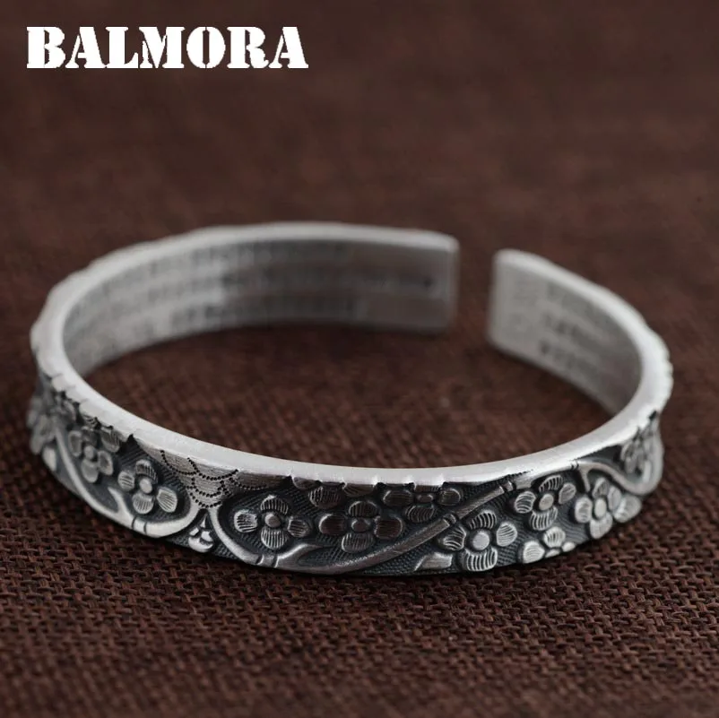 

BALMORA 999 Pure Silver Flower Open Bangles for Women Lover Vintage Buddhistic Heart Sutra Jewelry Gift Accessories SZ0161