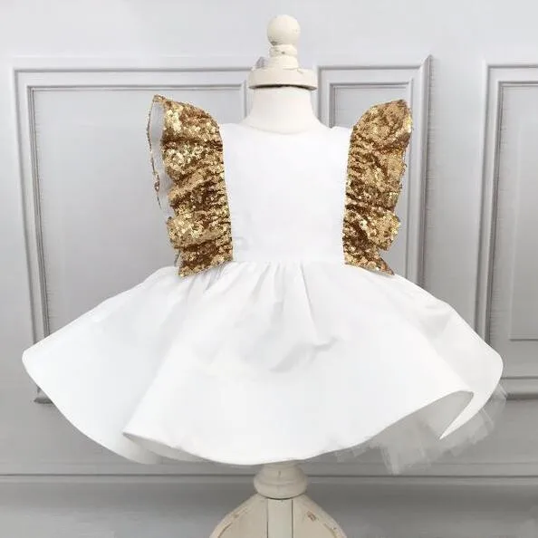 Белое Бальное Платье для малышей, 1 год, платья для дня рождения платье с цветочным узором для девочек, с золотыми блестками, с бантом, вечерние наряды для свадебной фотосессии - Цвет: picture color