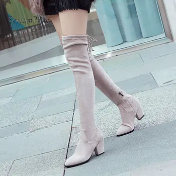 

Suede Sqaure Heel Zipper Woman Over The Knee Boots Lace Up Winter Stretch Boots Fashion Ladies Thigh Boots Black Gray