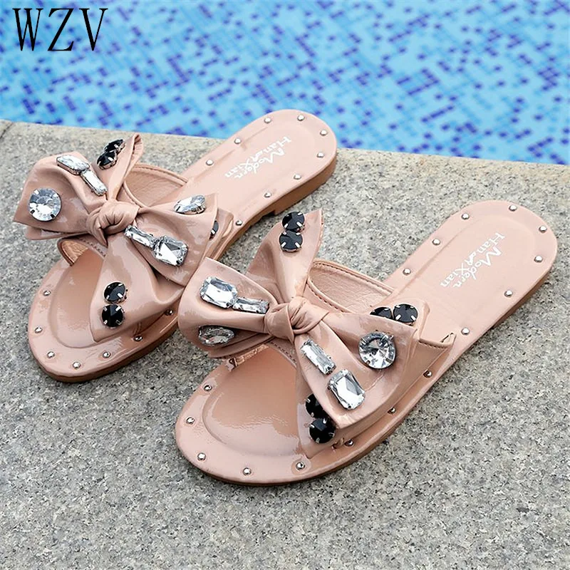 

Summer Women Casual Flat shoes Beach Slippers Female Rivets Bowknot Slides Slipper Shoes for Girls Fashion Woman Leisure Footwea