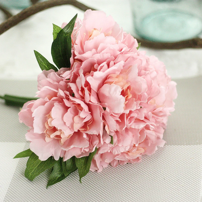 5 головок искусственный цветок Гортензия пион Свадебный букет Шелковый цветок для DIY дома вечерние украшения с зеленым листом натуральный реалистичный - Цвет: 5