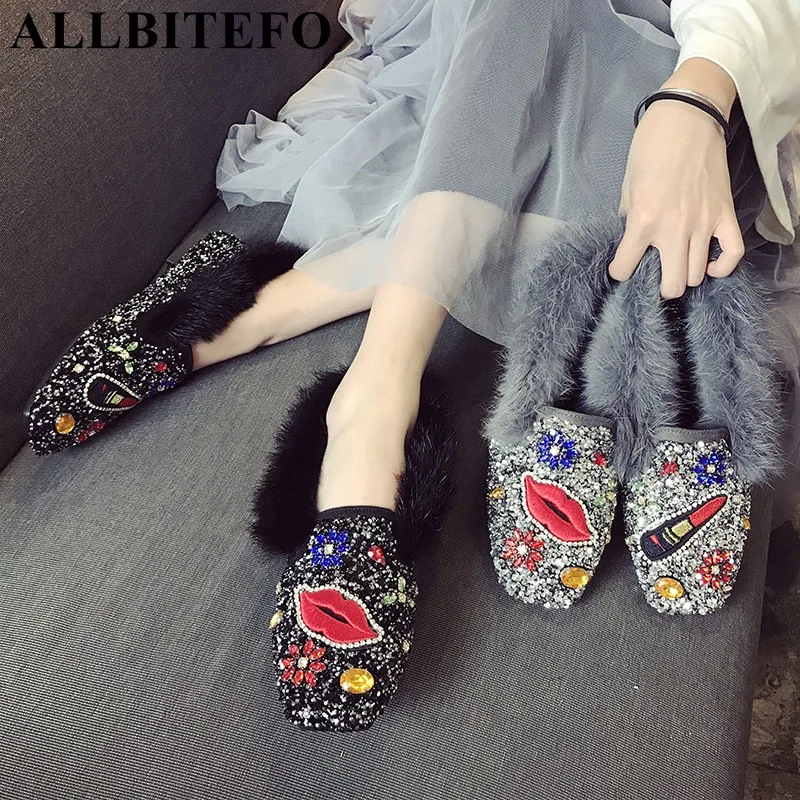 

ALLBITEFO real Rabbit's hair bling rhinestone fashion winter women flats sneakers shoes ballet flats girls party flat heel shoes