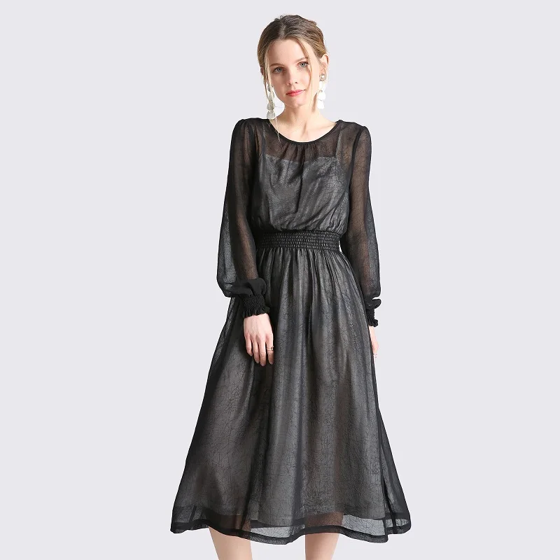 Female Spring Midi Dress Women Black Chiffon Vintage Sexy Perspective