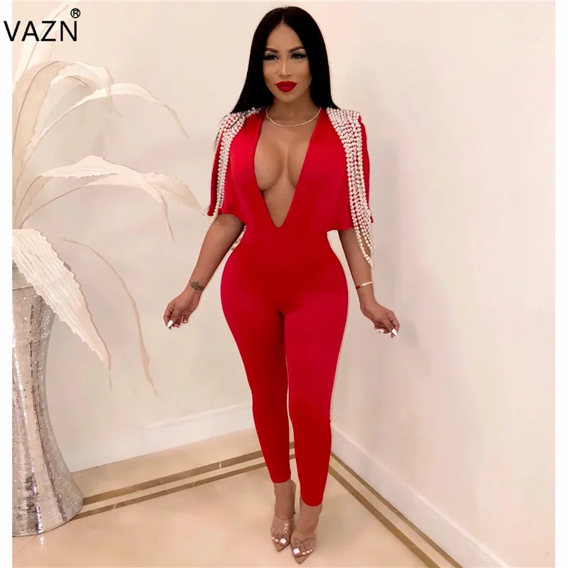 VAZN 2019 новые модные сексуальные женские глубокий v-образный вырез с коротким рукавом узкие комбинезоны однотонные жемчужные женские