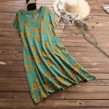 

M 5XL Vintage Short Sleeve Sundress 2020 Women Floral Printed Party Long Vestidos Summer Casual V Neck Cotton Dress Female Robe