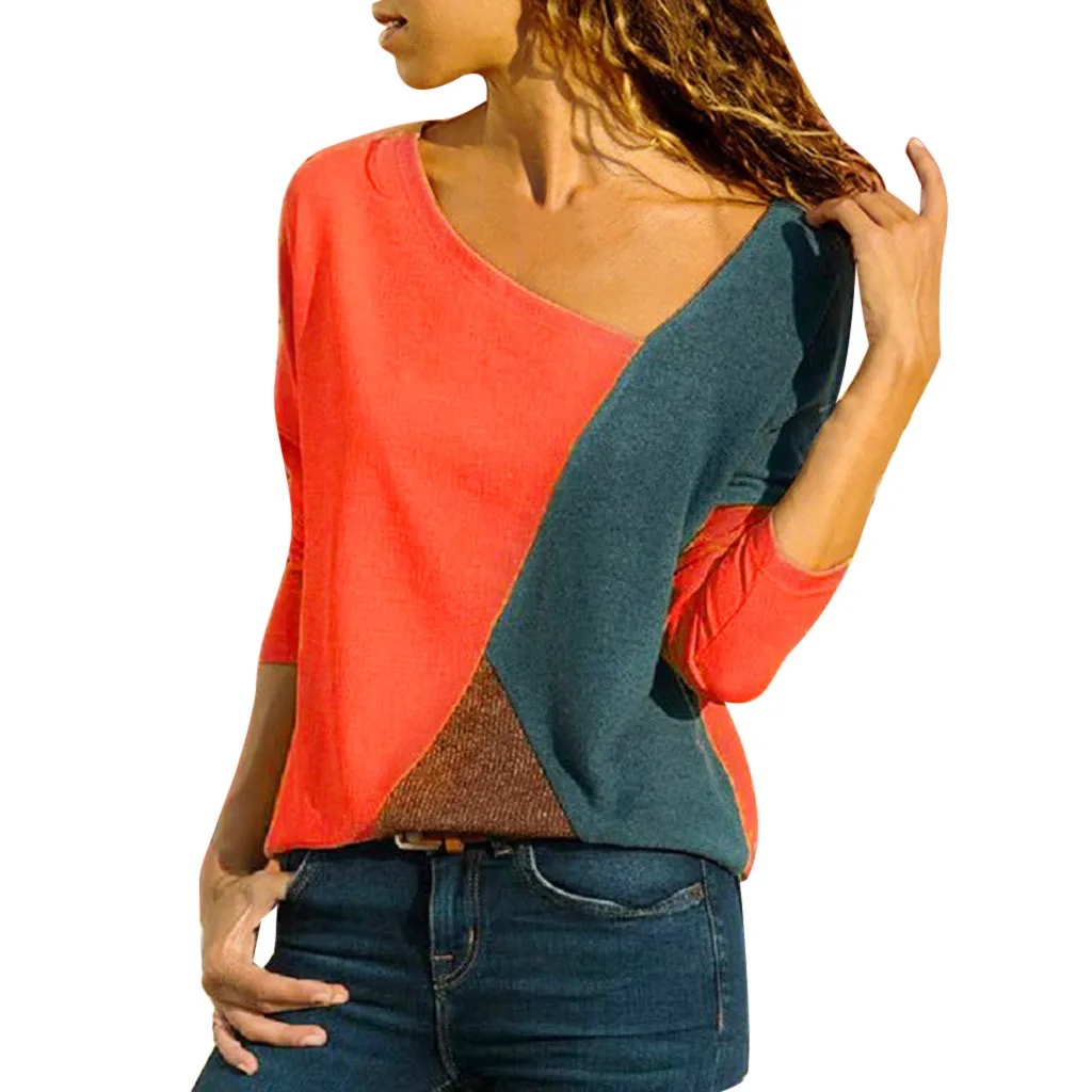 JAYCOSIN женские топы размера плюс, женские топы с круглым вырезом, комбинированная цветная футболка с длинными рукавами, легкий Топ, дропшиппинг, Nov.20 - Цвет: RD