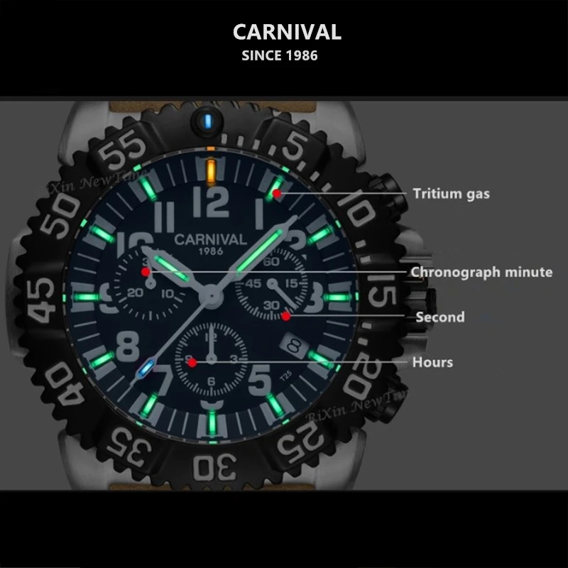 Тритий светящийся хронограф мужской роскошный бренд часов Ronda кварцевые секундомер часы мужские часы из натуральной кожи ремешок reloj hombre