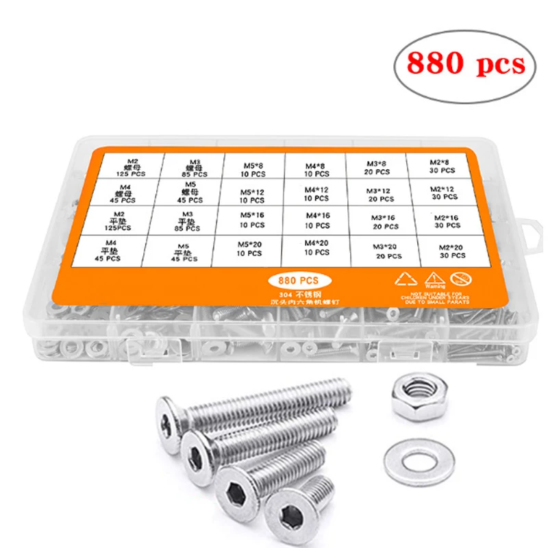 880 шт./компл. 304 нержавеющая сталь поворотная головка Шестигранная Гайка Винта Машины плоская пластина Комбинированный винт с розничной коробкой