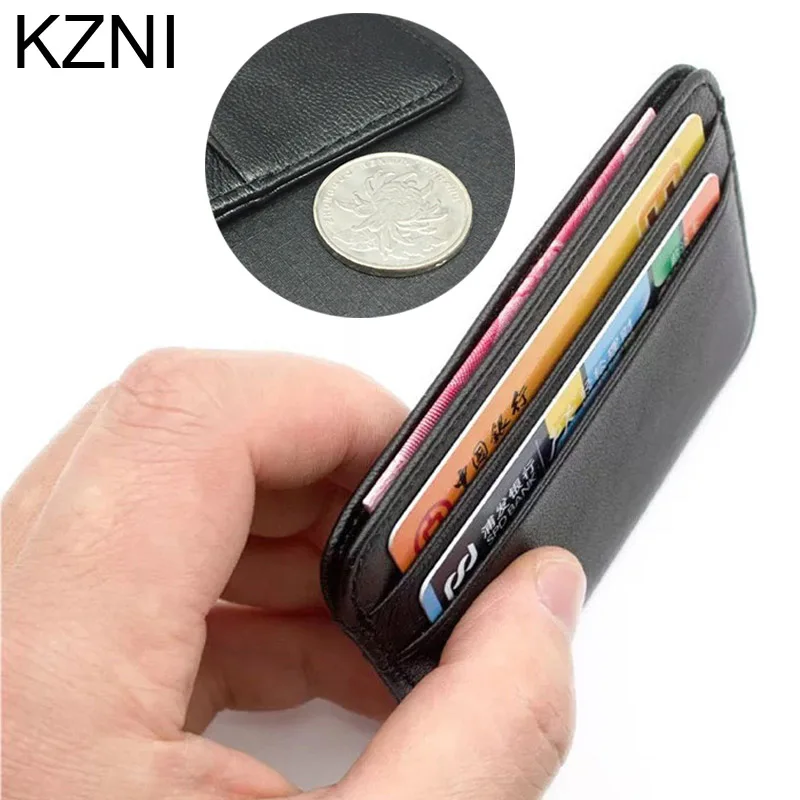  Kzni 100% Genuine Leather Coin Purses Holders credit card holder leather thin bank card holder wallet men thin Card ID Holders 