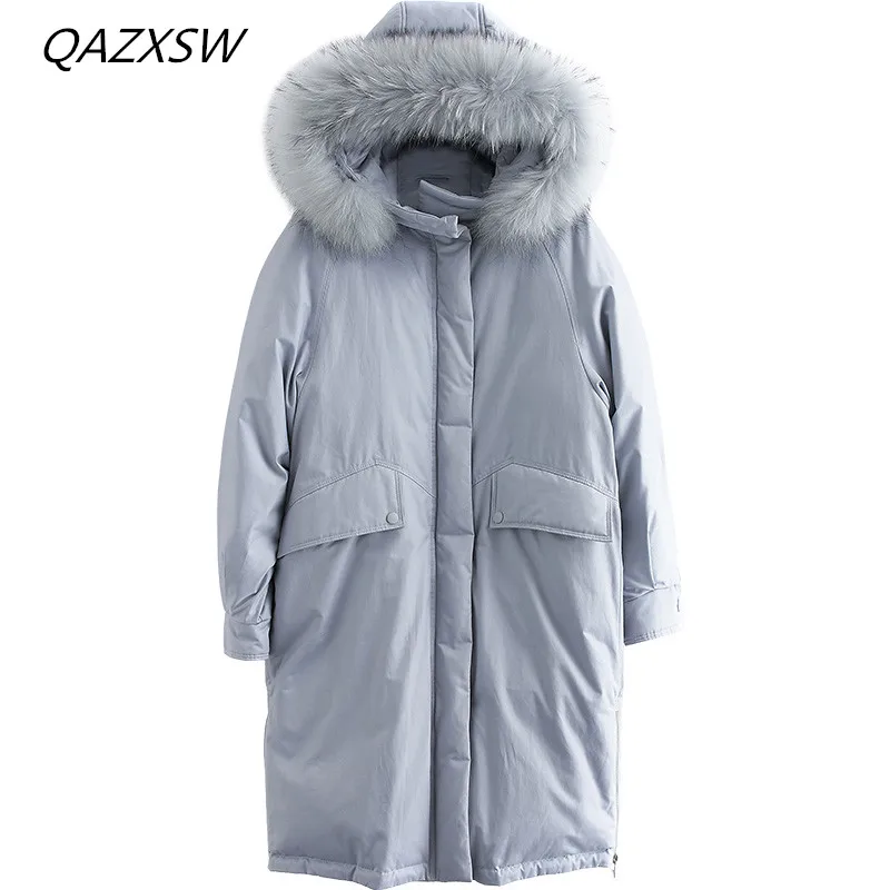 QAZXSW 2018 Winter New Women's Down Jacket Long Paragraph Fashion Big Braid Hair Collar Hooded Outer Thick Warm Loose Coat LE209 | Женская