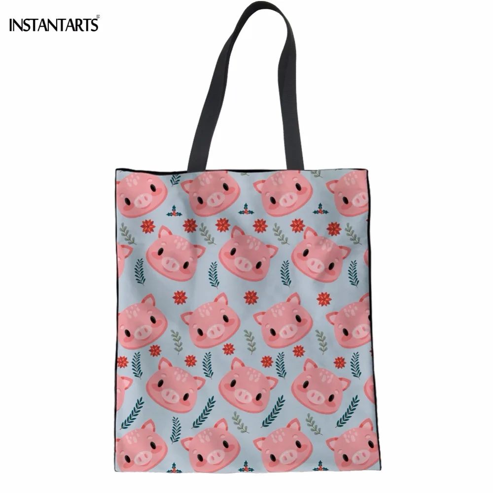 

INSTANTARTS Funny Cartoon Pig Printing Women Linen Shopping Bags Fashion Female Recycling Eco Bags Casual Supermarket Tote Bag