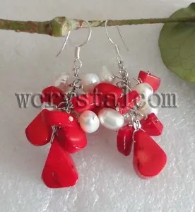 

White Cultured Pearl Red Coral Dangle Earrings