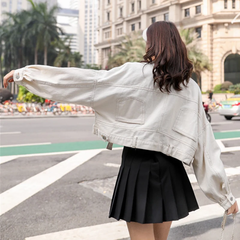 Crop Jacket Women Long Sleeve Denim Bomber Jackets Cause Loose Single Breasted Jean Jackets Female Red Yellow White Coats Jacket
