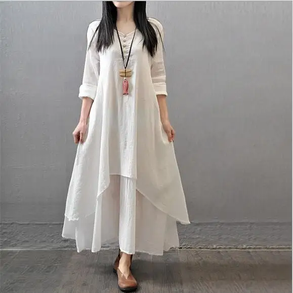 

5XL Plus Size Cotton Linen Color Women Maxi Dress 2018 Spring New False Two-piece Long Sleeve Round Neck Loose Irregular Dress