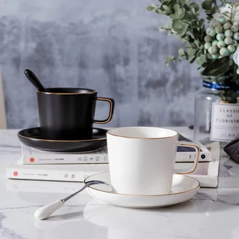 

250ml customized logo matte black and white cappuccino cup and saucer with spoon coffee cup saucer
