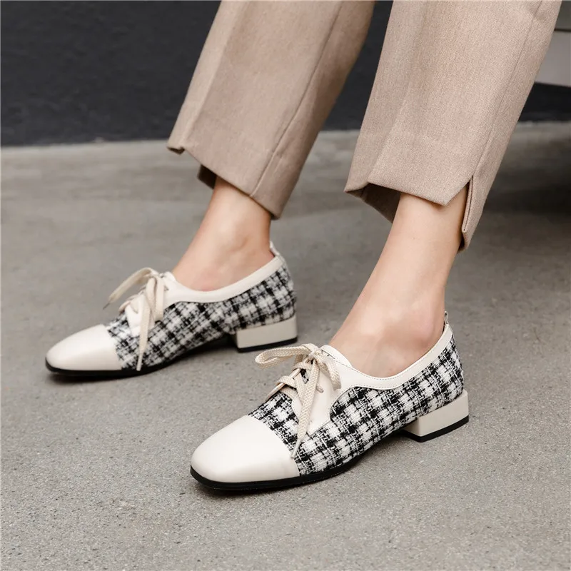 

YMECHIC 2019 Spring Plaid Cloth Real Leather Chunky Low Heel Oxfords Women Shoes Black Beige Lace Up Pumps Ladies Shoes Female