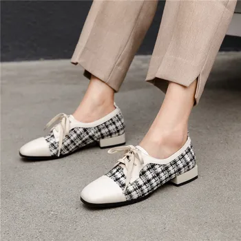 

YMECHIC 2019 Spring Plaid Cloth Real Leather Chunky Low Heel Oxfords Women Shoes Black Beige Lace Up Pumps Ladies Shoes Female