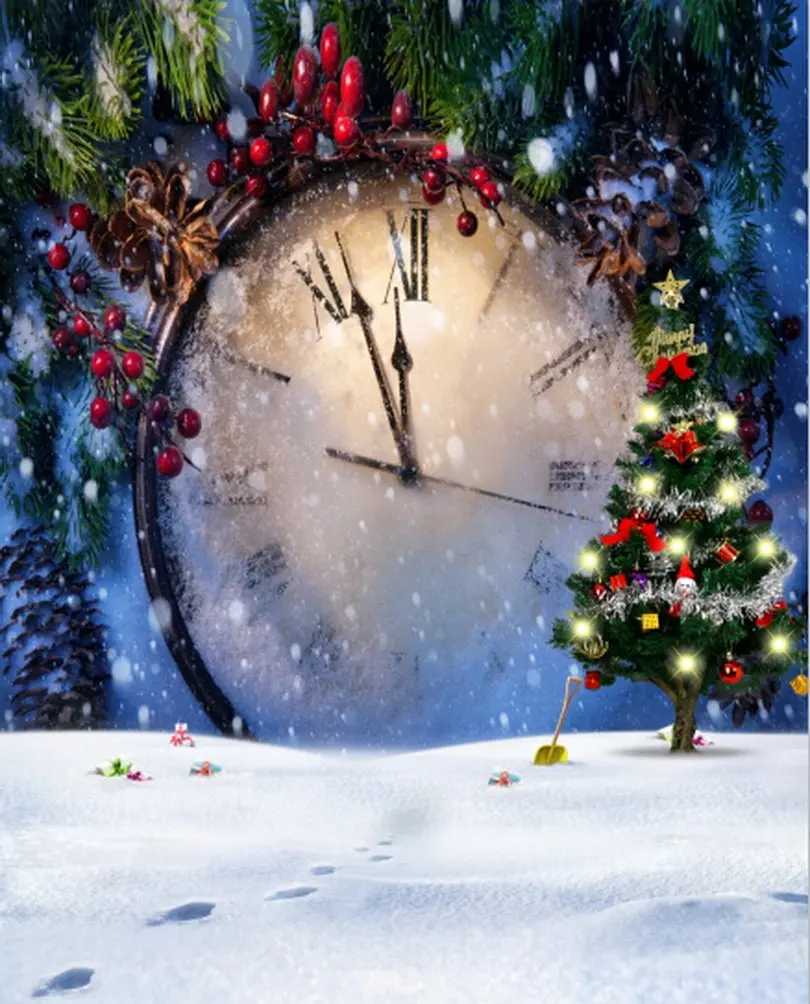 

5x7ft Christmas Tree Clock Snow Photography Backdrops Photo Props Studio Background