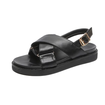 

Women's Summer Black Sandals 2019 Fashion Buckle PU Leather Ladies Shoes Sandals For Woman Summer Shoes Med Heels Beach Sandal