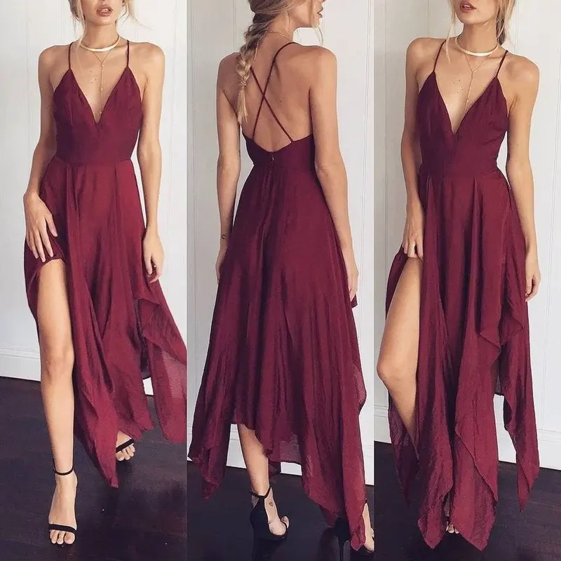 

Elegant Red Sling Dress Sexy Nightclub Solid Color Halter Sleeveless Chiffon Slit Irregular Sukienka Women Fashion Party Dresses