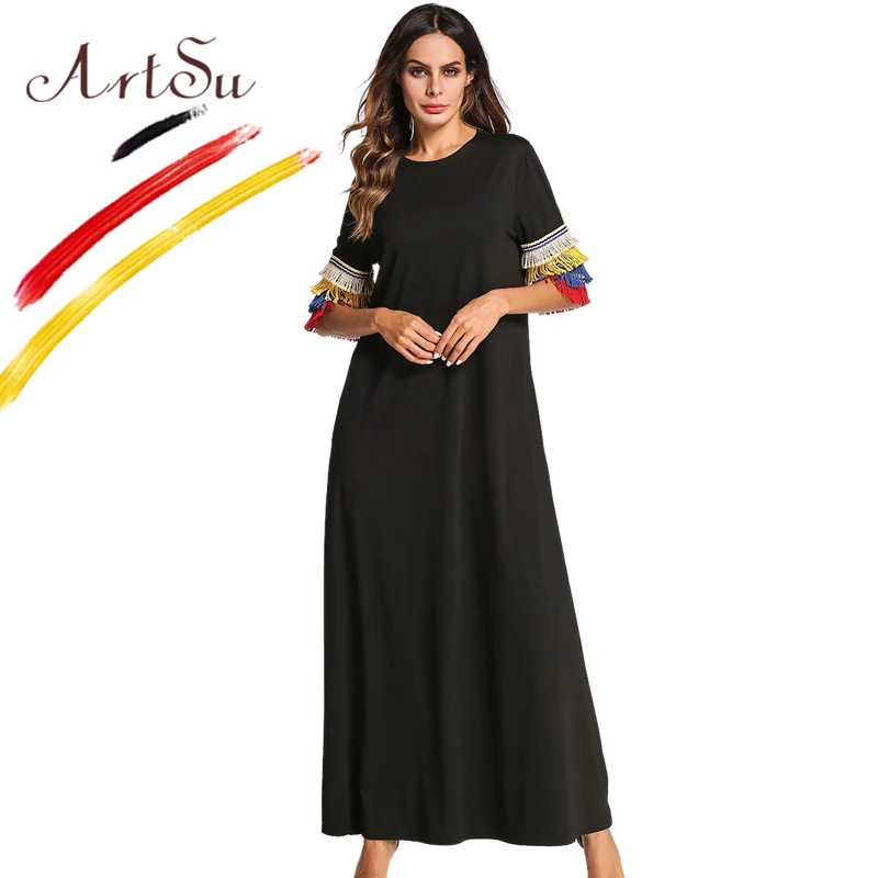

ArtSu Women Vintage Tassel Long Dress Half Sleeve Black Casual Dress Maxi Robe Femme Ete 2018 4XL Plus Size Cotton White Dresses