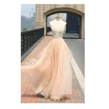 2016 wunderschöne a- linie schaufel Reißverschluss- bis zurück ärmelloses bodenlange mit applikationen khaki chiffon kleid abendkleider