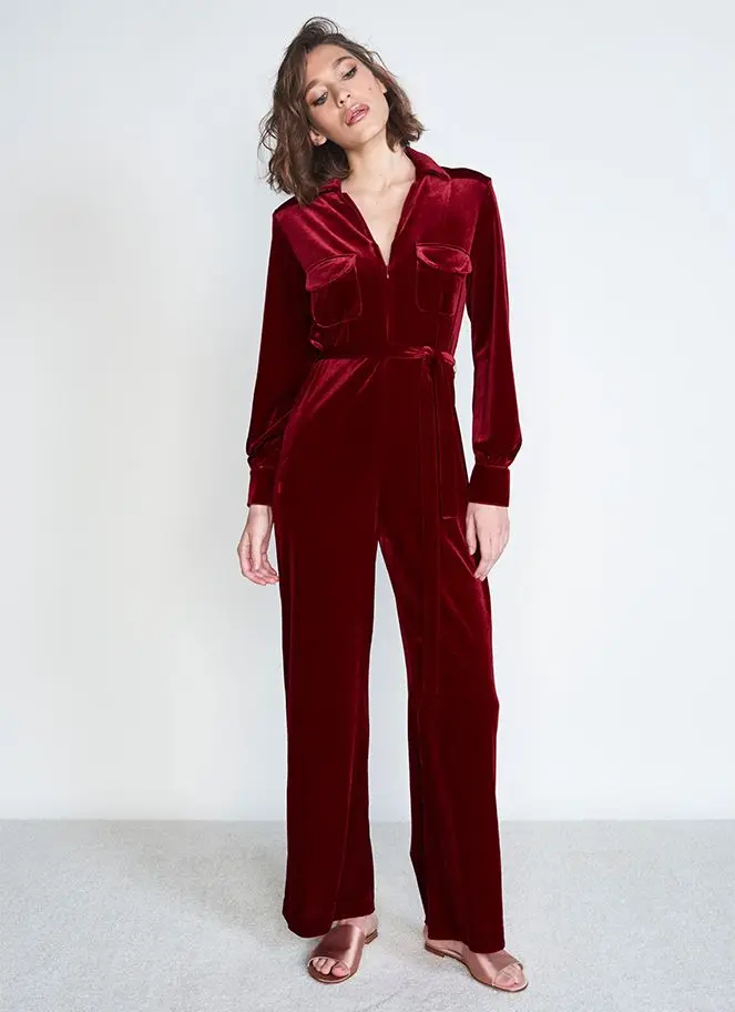 Velour Wide Leg Jumpsuits Slim Belt Fashion Long Sleeve Elegant For