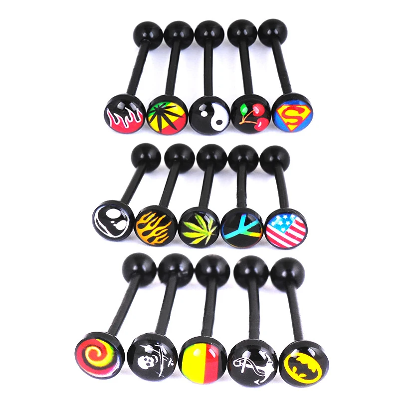 

10pcs/lot Acrylic UV Piercing Tongue Rings Steampunk Black Tongue Piercing Bars Barbell for Women Men Fashion Body Jewelry