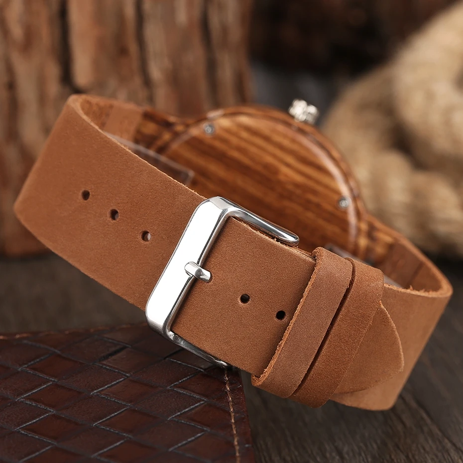 Unique Stripes Lines Dial Wooden Watch Mens Bamboo Creative Quartz Clock Genuine Leather Bangle Reloj de madera 2017 New Fashion  (10)