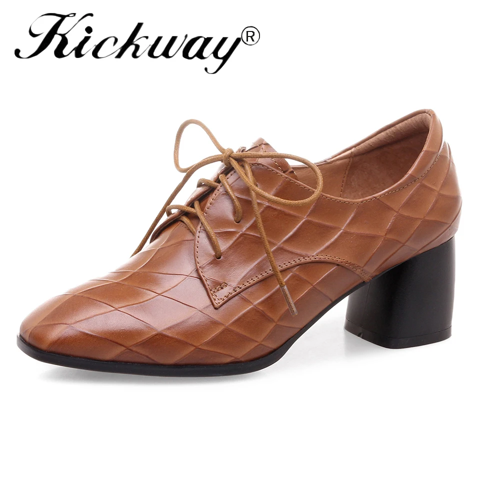 

Kickway Genuine Leather Shoes Women Thick Mid Heel Ladies Shoes Square Toe Pigskin Inside Lace-Up Office Lady's Shoes size 34-42